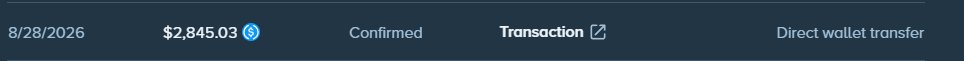 The image shows a confirmed transaction record dated 8/28/2026 for $2,845.03 sent via direct wallet transfer, aligning with the post's mention of cashing out $2,845 in USDC and Rainmaker Tokens (RT) as a tip during a livestream.