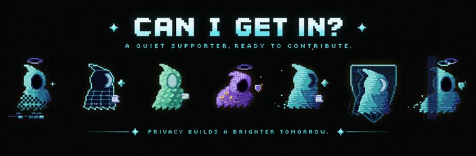 A pixel art banner reads 'CAN I GET IN?' and 'A QUIET SUPPORTER. READY TO CONTRIBUTE.' with 'PRIVACY BUILDS A BRIGHTER TOMORROW.' below, featuring various angel-haloed characters.