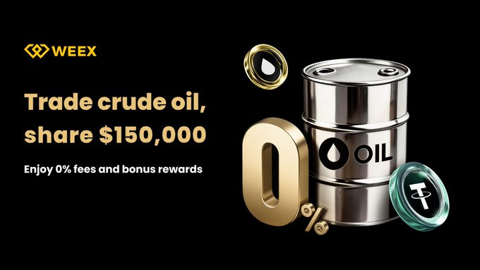The image shows a graphic advertisement for a cryptocurrency, with an oil drum or canister present. The scene features various coins being thrown into the air around the oil barrel, creating an impression of abundance. The caption below the image reads "Trade currency oil, share $150,000 enjoy 0 fees and bonus rewards".