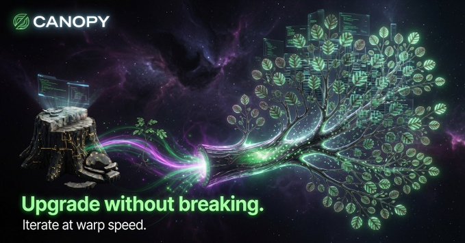 The image is a promotional graphic for Canopy (CNPY Network) featuring a glowing tree made of data/code with holographic leaves branching out from a computer monitor set on a tree stump, set against a cosmic purple background. The text reads "CANOPY" with the tagline "Upgrade without breaking. Iterate at warp speed."

The visual metaphor aligns with the post's message about scalability—rather than one monolithic blockchain serving everyone, Canopy (like the branching tree) represents a modular, growing ecosystem where anyone can build their own branch, mirroring how the internet scaled through distributed, independent servers rather than a single shared system.