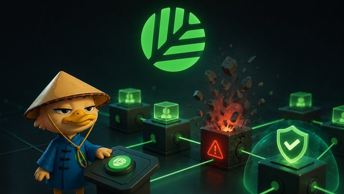A 3D-rendered illustration of a duck character in a conical hat standing before glowing green network nodes, with one node exploding in a digital cube, beneath a green logo.