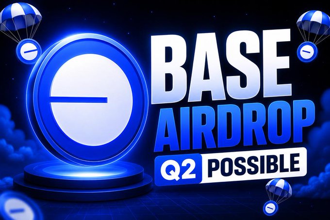The image features a blue circle with a white line through it, which appears to be a logo for Base Airdrop Q2. The text "Base Airdrop Q2?" is written below this logo, indicating that there might be an upcoming event related to Base tokens or Base network activities.