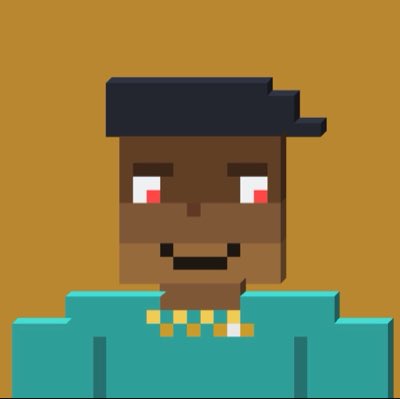 A pixel art portrait of a person with dark skin, a cap, and a teal shirt with a gold chain against a brown background.