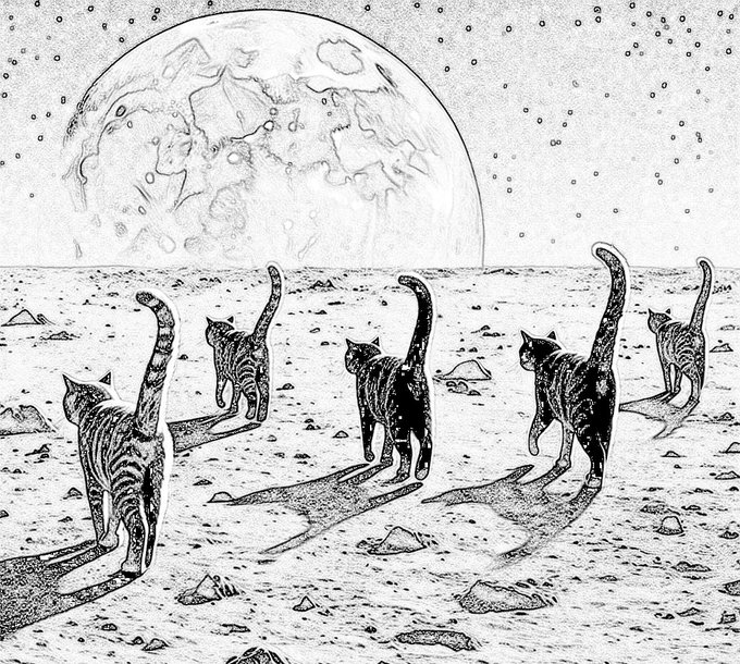 A group of cats is depicted walking on a lunar landscape towards a large moon, mirroring the $TSUKI and $GME tickers mentioned. The image visually represents the post's message of embarking on a new journey or opportunity.