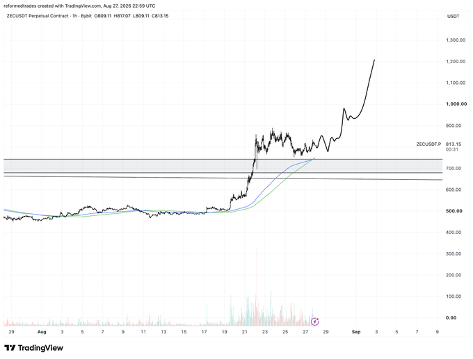 A ZECUSDT perpetual contract chart on Bybit shows the token surging from ~$470 to over $1,200 in August 2026, with the price currently at $813.15 after a parabolic breakout above the highlighted resistance zone (~$680-710). The dramatic upward trend visually reinforces the post's message about coins remaining "resilient" and heading "higher," with the strong bullish momentum supporting a submit-and-hold sentiment.