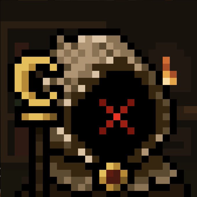 Pixel art depicting a dark figure with a yellow 'G' logo on its shoulder and a red 'X' on its chest.