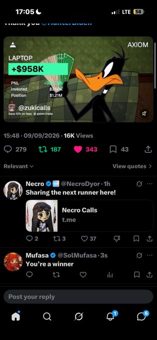 A mobile screenshot of a social media post showing a Daffy Duck meme holding money, with text 'LAPTOP +$958K' and comments from users like 'Necro' and 'Mufasa'.