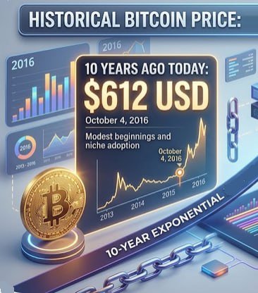 A graphic displaying 'HISTORICAL BITCOIN PRICE: 10 YEARS AGO TODAY: $612 USD, October 4, 2016' with the text 'Modest beginnings and niche adoption' and '10-YEAR EXPONENTIAL' shown alongside Bitcoin imagery and growth charts.