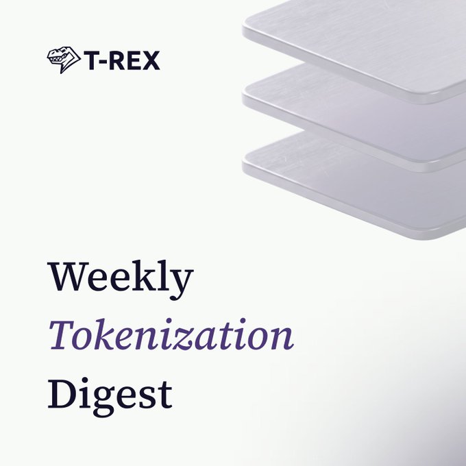 A promotional graphic for T-Rex's "Weekly Tokenization Digest" newsletter, featuring the T-Rex logo in the upper left, a minimalist image of stacked white/light purple tiles in the upper right, and the title "Weekly Tokenization Digest" displayed in dark navy and purple serif text on the left side.