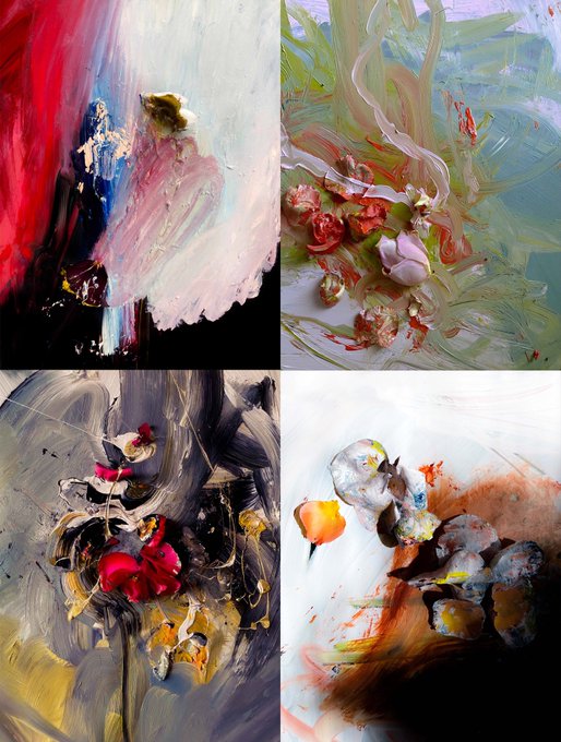 A four-panel grid of abstract oil paintings featuring thick impasto brushstrokes in various color palettes including reds, greens, whites, and earthy tones.