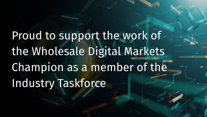 A digital graphic with a dark, futuristic hexagonal background displays the white text: 'Proud to support the work of the Wholesale Digital Markets Champion as a member of the Industry Taskforce'.