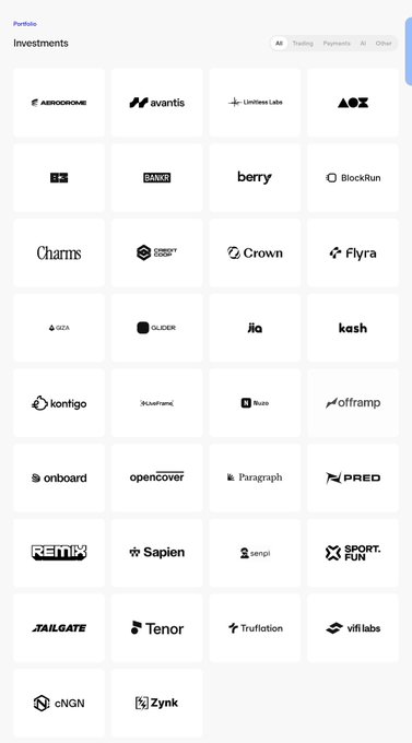 The image shows Coinbase Ventures' portfolio page, displaying their investments across various crypto and blockchain projects including Aerodrome, Avantis, Limitless Labs, AOZ, Sankr, Berry, BlockRun, Charms, CoinMarketBeam, Crown, Flyra, Gala, Glider, Kasha, Konfigo, KuruFrame, Kuru, Offramp, Onboard, OpenCover, Paragraph, PRED, Remix, Sapien, Sempil, Sport.Fun, Tailgate, Tenor, Truflation, Vill Labs, CNGN, and Zynk.

This image appears relevant to the post as it showcases the extensive list of projects Coinbase has invested in through Base, countering criticism that Brian Armstrong and Coinbase don't adequately support the Base ecosystem.