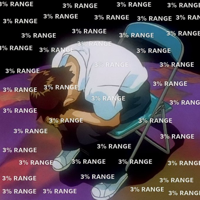 The image shows an anime character hunched over in a folding chair with their head down, overlaid with repeated "3% RANGE" text across the entire frame, humorously illustrating the caption's message about embracing the "3% range" (a meme stemming from limited crypto price movement) into one's heart.