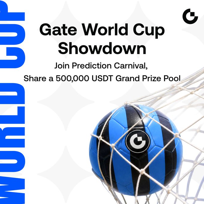 The image features a soccer ball inside a net, which is part of an advertisement for the Gate World Cup Showdown event. The text above the soccer ball reads "Gate World Cup Showdown Join Prediction Carnivals, Share a 500,000 USDT Grand Prize Pool". This suggests that the event encourages people to participate in predicting football match outcomes and share their predictions with others through a grand prize pool.