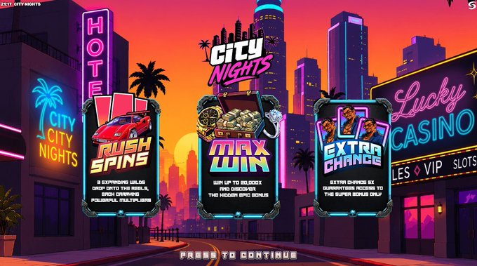 A vibrant retro-futuristic promotional graphic for "City Nights" game featuring three game mode options—"Rush Spins," "Max Win" (up to 20,000x), and "Extra Chance" (better chances at super bonus)—displayed against a neon-lit cityscape with "Lucky Casino" and "VIP Slots" signage, advertising a $1000 giveaway by @Roobet and @SpinifyStudios.