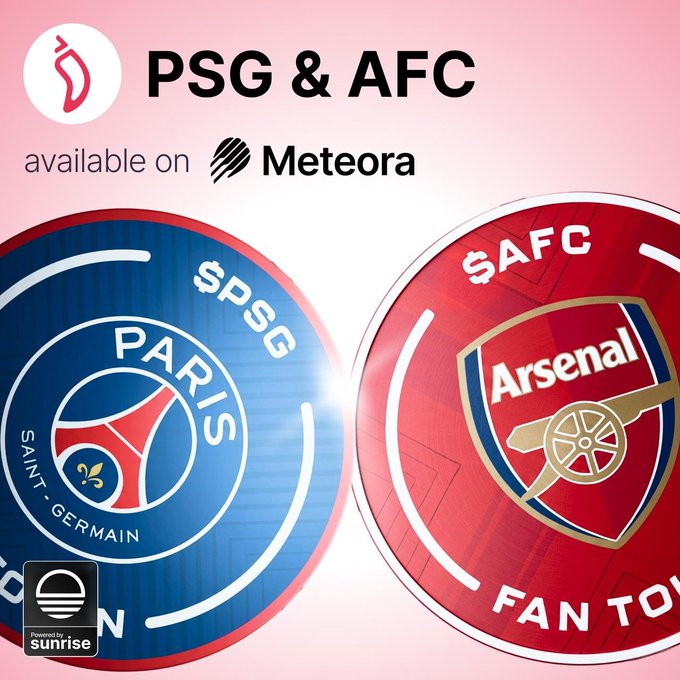 The image features two circular logos for a soccer team, one blue with red text and the other red with white text. Both logos are located at the center of the image. Below these logos, there's some text that reads "The Future of Fandom is Onchain @Chiliz x @sunrisedefi are bringing official fan tokens to Solana, liquidity pools powered by Meteora". The text also mentions a partnership between PSG & AFC and the company 'meteora'.