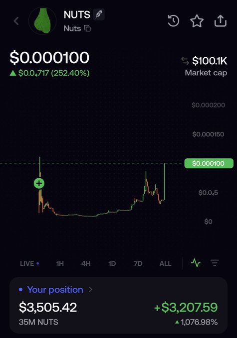 A cryptocurrency trading app shows the NUTS token at $0.000100 with a 252.40% increase and a market cap of $100.1K, while the user's position is valued at $3,505.42 (35M NUTS) with a gain of +$3,207.59, illustrating impressive returns after purchasing the "$NUTS coded" token.