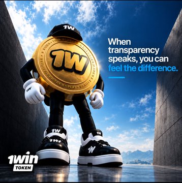An advertisement for '1WIN TOKEN' features a mascot character with a gold coin for a head wearing black sneakers and a backwards cap, alongside the tagline 'When transparency speaks, you can feel the difference.'