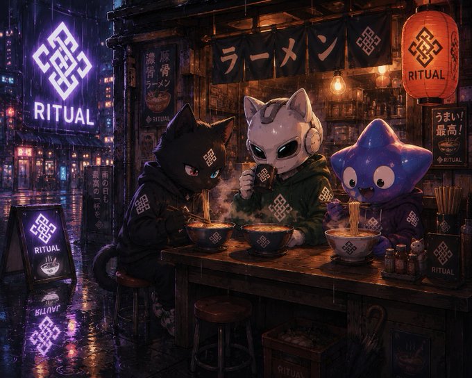 A cyberpunk-style digital illustration of three anthropomorphic characters (a black cat, a white space-helmet cat, and a purple star-shaped character) eating ramen together at an outdoor night market stall branded 'RITUAL,' with Japanese signage and a red lantern reading 'RITUAL'.