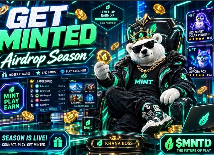 A digital promotional graphic advertises the 'GET MINTED Airdrop Season' featuring a crowned polar bear character in sunglasses, NFT collectibles (Legendary Polar Penguin and Epic Aurora Fox), and text including 'MINT PLAY EARN', 'SEASON IS LIVE!', 'KHANA BOSS', and '$MNTD THE FUTURE OF PLAY'.
