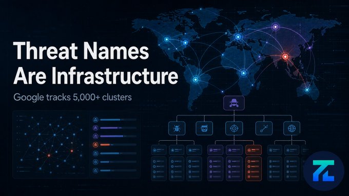 An infographic titled 'Threat Names Are Infrastructure' noting that 'Google tracks 5,000+ clusters' with a world map and a hierarchical diagram showing threat categories.