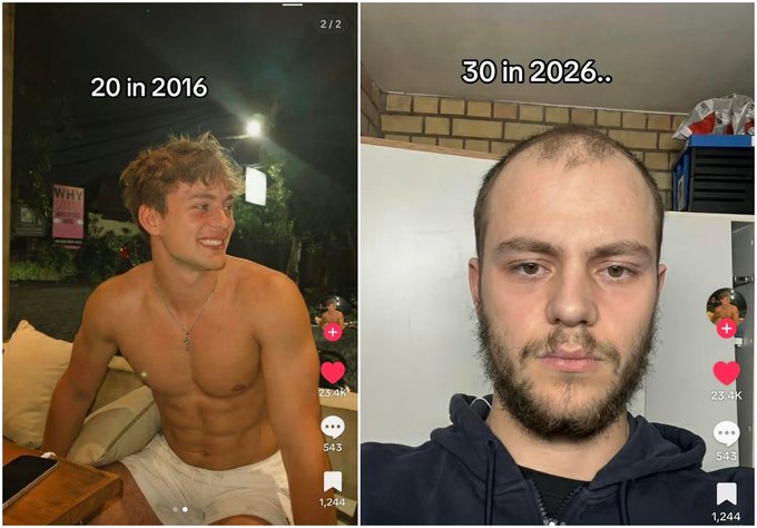 A side-by-side comparison meme showing a fit, smiling young man labeled '20 in 2016' next to an older, bearded, balding man labeled '30 in 2026..' from a TikTok video with 23.4k likes.