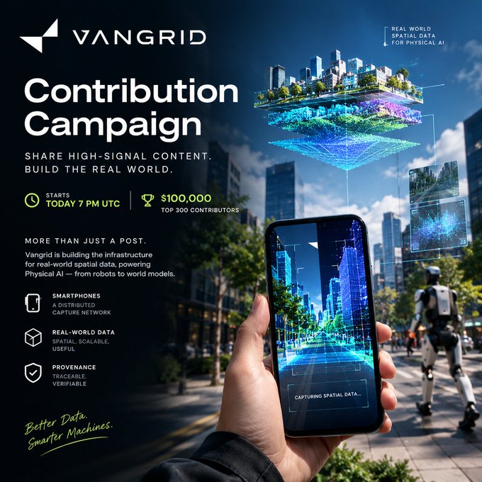 A promotional graphic for VANGRID's 'Contribution Campaign' offering a $100,000 prize pool for top 300 contributors, highlighting smartphones, real-world data, and provenance features.