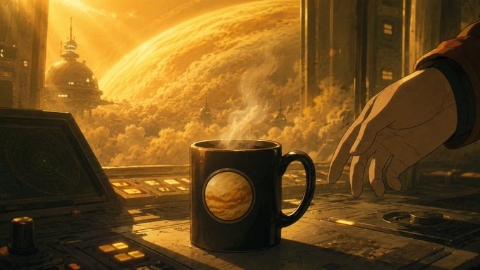 A steaming coffee mug adorned with a planet emblem sits on a futuristic console, with a hand reaching toward it against the backdrop of a massive planet and sci-fi cityscape, evoking a sense of cosmic anticipation that mirrors the post's bullish optimism for the BNB ecosystem and Venus Coin (VenusCoin/$XVS) ahead of a major reveal.