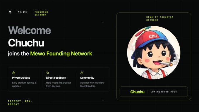 A welcome screen announcing "Chuchu joins the Mewo Founding Network" as Contributor #006, featuring an anime-style character with a red "chu" cap.
