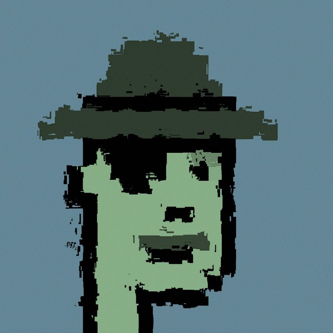 A stylized, pixelated stencil-art portrait of a face wearing a wide-brimmed hat rendered in green and black tones.
