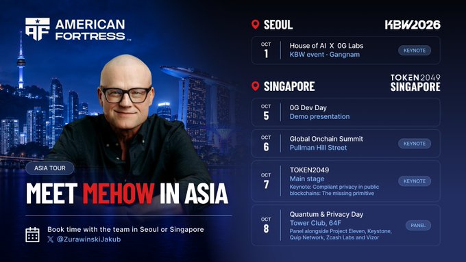 A promotional graphic for American Fortress announces "Meet Mehow in Asia" with an Asia tour schedule, featuring keynote appearances at KBW2026 in Seoul (Oct 1, House of AI x 0G Labs, Gangnam) and TOKEN2049 Singapore events (Oct 5-8), including 0G Dev Day, the Global Onchain Summit, TOKEN2049 Main Stage, and the Quantum & Privacy Day panel at Tower Club B4F. The image visually reinforces the accompanying post's announcement of the speaker's two-week, five-stage Asia tour focused on the argument that compliant privacy is the missing primitive in public blockchains.