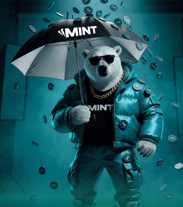 A digital illustration features a white bear wearing sunglasses, a gold chain, and a teal puffer jacket while holding a black umbrella labeled 'MINT', surrounded by floating coin-like tokens.
