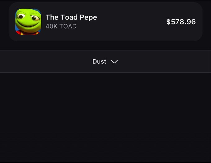 A digital asset listing for 'The Toad Pepe' (40K TOAD) priced at $578.96, with a 'Dust' dropdown menu visible below.