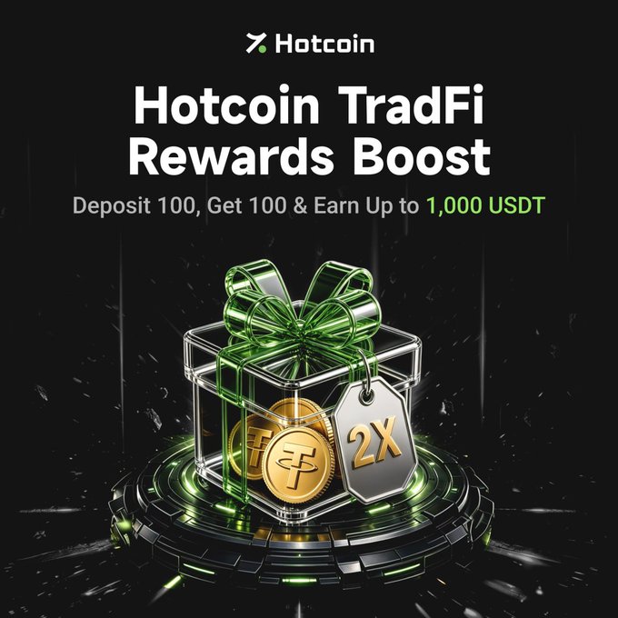 Promotional graphic for 'Hotcoin TradFi Rewards Boost' offering 'Deposit 100, Get 100 & Earn Up to 1,000 USDT', featuring a glass gift box with green ribbon and gold Tether coins marked '2X'.