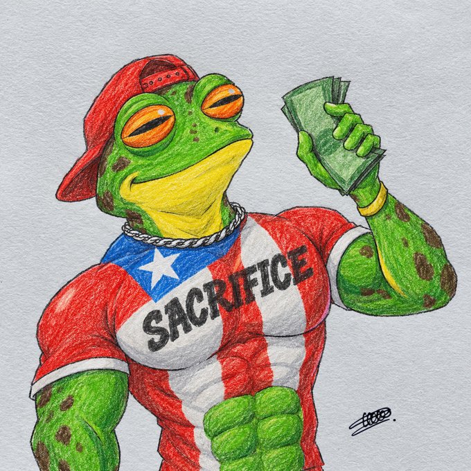 A colored-pencil illustration of Pepe the Frog wearing a backwards red cap and a shirt featuring the Puerto Rican flag design with 'SACRIFICE' written across the chest, holding up cash.