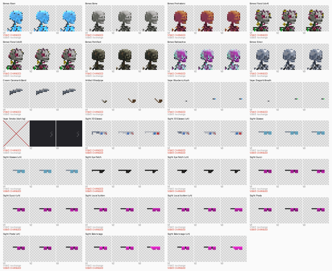 This image displays a sprite sheet featuring various alien character designs and weapons from "Binea Xenobiotic," with the metadata text "VIDEO CHANGED" and "VIDEO CHANGING" appearing beneath each frame, illustrating the NFT meme about art improving as the floor price rises. The frames appear to show low-resolution, pixelated assets (including characters like Binea Alien, Drone, Predator, Soldier, Slicer, and weapons like Crimson Sand, Black Ice Scythe, and Kao Stun Baton) that could be progressively upgraded to higher quality versions as the collection's floor price increases.