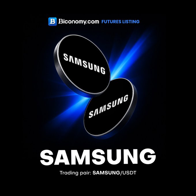 Promotional graphic for Biconomy.com announcing a new futures listing, featuring two black "SAMSUNG" branded coins against a dark background with blue light effects, prominently displaying "SAMSUNG" and the trading pair "SAMSUNG/USDT" to announce the perpetual contract launch.
