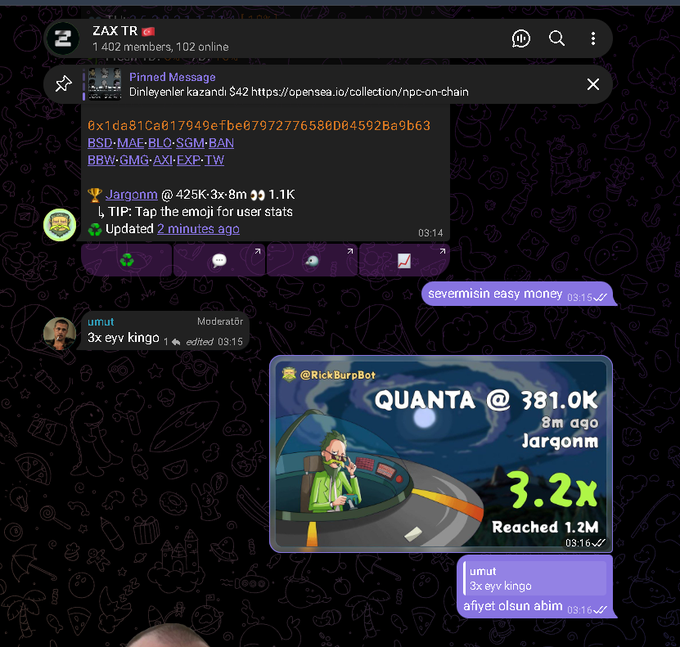 A Discord server called 'ZAX TR' shows a pinned message with a wallet address and OpenSea link, along with chat messages in Turkish mentioning 'severmeyi easy money' and a 'QUANTA @ 381.0K' NFT image posted by @RickBurrBot.