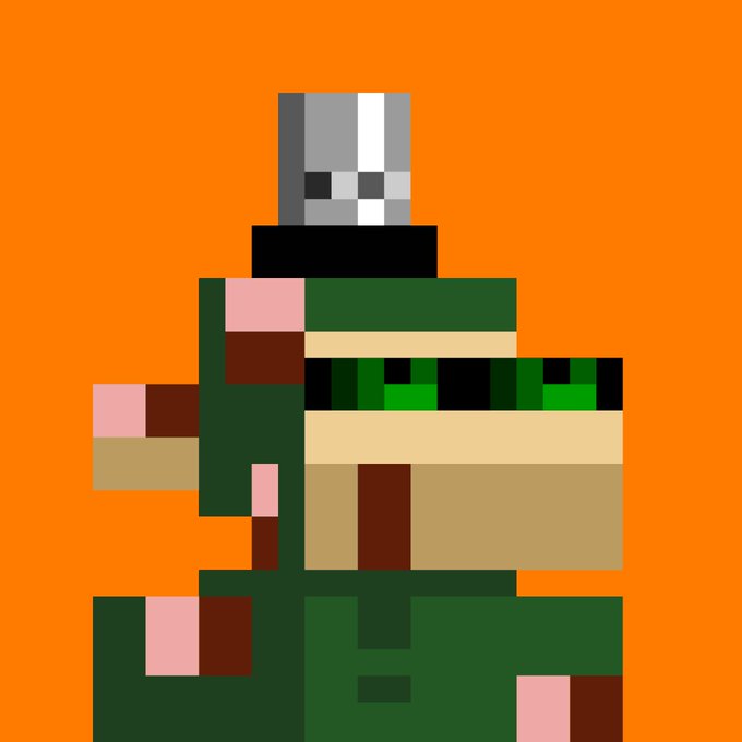 A crude, blocky pixel art character with a gray metallic helmet, green torso, and tan arms holding what appears to be a green item, set against an orange background.