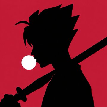 A minimalist silhouette portrait of an anime-style character with spiky hair blowing a bubblegum bubble, rendered against a bold red background—exemplifying the AZUKI-style transformation highlighted in the prompt.