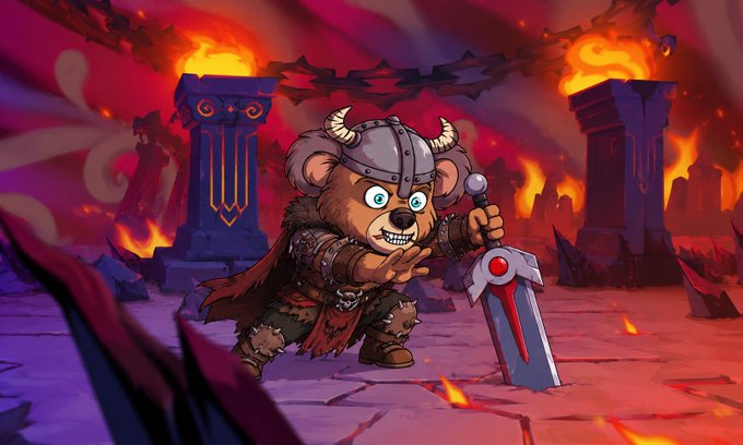 A fierce cartoon bear warrior wearing a horned Viking helmet grips a glowing sword, standing ready in a fiery, hellish landscape filled with cracked stone and flames. The illustration aligns with the post's rallying message about a token mint, channeling a conquering warrior spirit to hype the project's launch on OpenSea.