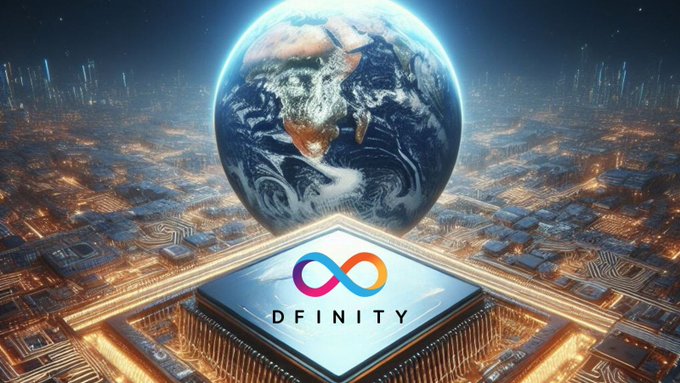 A digital artwork showing Earth floating above a glowing 'DFINITY' platform with its infinity logo, surrounded by a futuristic illuminated cityscape.