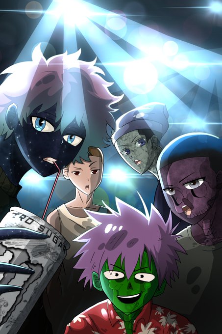 An anime-style illustration featuring several characters under dramatic blue stage lights, including a figure with white hair and a dark mask, and a green-skinned character with purple hair in the foreground.