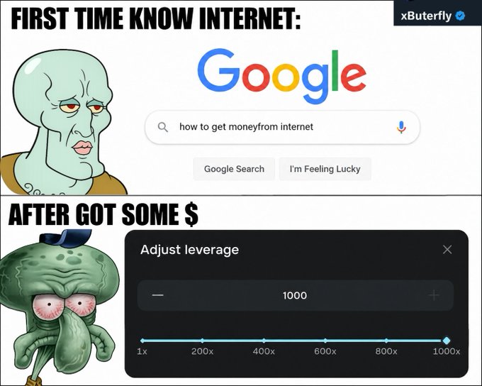 The image is a two-panel meme using the "Mr. Krabs transformation" format, where the top shows a plain Mr. Krabs searching Google for "how to get moneyfrom internet," and the bottom shows an intense, bloodshot-eyed Mr. Krabs next to a leverage slider set to 1000x with options ranging from 1x to 1000x, captioned "AFTER GOT SOME $." It humorously illustrates how a beginner goes from innocently searching for ways to make money online to immediately diving into extreme 1000x leverage trading on AlphaX, referencing the post's promotion of 0-fee memecoin and TradeFi trading with up to 1000x leverage and no KYC required.