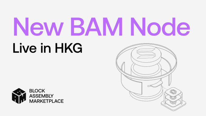 A graphic titled "New BAM Node Live in HKG" featuring a line-drawn illustration of a hardware component next to the Block Assembly Marketplace (BAM) logo, announcing the launch of the first BAM node in Hong Kong hosted on Servers.com as part of the network's expansion.