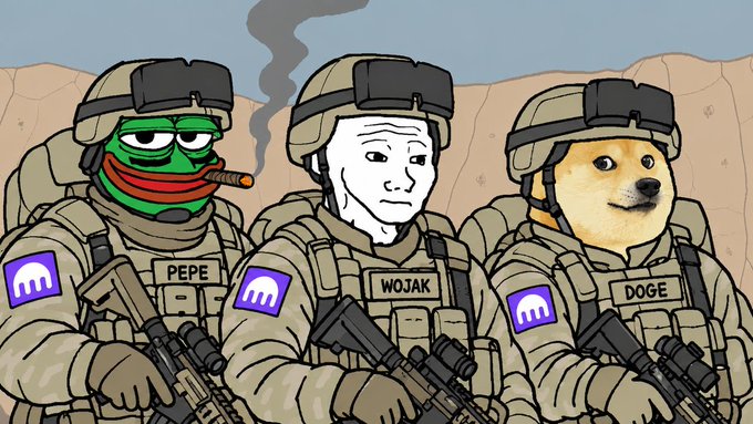 A cartoon illustration of Pepe, Wojak, and Doge dressed as soldiers in tactical gear with weapons, each wearing a purple 'm' (likely Moonland/Crypto.com) patch.