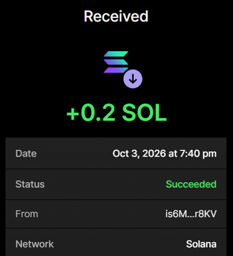 A cryptocurrency transaction receipt showing 'Received +0.2 SOL' on the Solana network, dated Oct 3, 2026 at 7:40 pm, with status 'Succeeded' from is6M...r8KV.