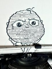 A surreal digital illustration of a round, textured creature with large glossy eyes sitting on a book, balancing on top of a typewriter.