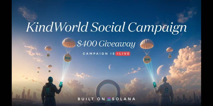 The image promotes the "KindWorld Social Campaign" with a $400 giveaway, labeled as "LIVE" and "Built on Solana," featuring two silhouetted figures holding glowing devices beneath sky lanterns in a sunset sky. The visual reinforces the post's announcement of the ongoing KindWorld Labs TaskOn campaign offering 400USDT in rewards.