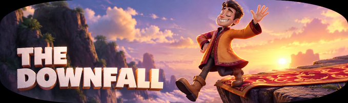 The image is a stylized banner reading "THE DOWNFALL" featuring an animated character joyfully leaping off a cliff edge on a magic carpet at sunset. It humorously illustrates the post's theme of trading regret—jumping (selling) too late and watching the perfect exit opportunity vanish into the sunset after already missing the window.